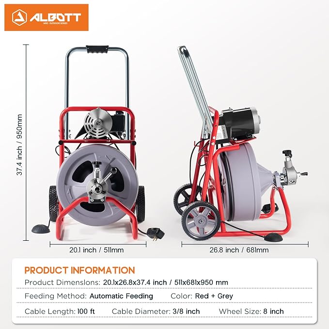 Albott 100 FT x 3/8 Inch Electric Drain Cleaner Machine | Auto-Feed Sewer Snake Auger for 1-4 Inch Pipes, with 9 Cutters, Wheels and Foot Switch, Gray/Red