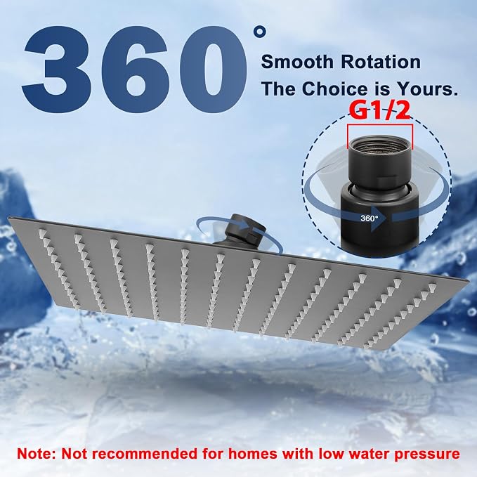 NearMoon Rain Shower Head, High Flow Stainless Steel Rainfall Shower, High Pressure Design, Awesome Shower Experience Even At Low Water Flow (12 Inch Rectangle, Matte Black)