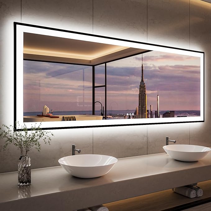 ISKM 84x32 Framed LED Bathroom Mirror, Dimmable Front & Backlit, Anti-Fog | 3 Color Temps(3000K/4000K/6000K), Stepless Dimming 10%-100%,Shatterproof Tempered Glass, IP65 Waterproof,Plug-In or Hardwired