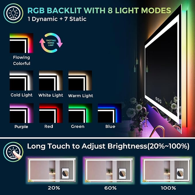66x40 Inch RGB LED Bathroom Mirror Front Light and RGB Backlit Lighted Vanity Mirror for Bathroom Wall Mounted Dimmable Anti Fog Memory Shatter-Proof IP54 Waterproof Horizontal/Vertical