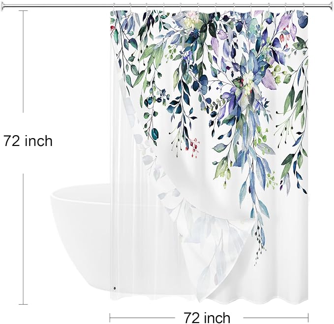 3 in 1 Shower Curtain Set, Green Eucalyptus Curtain 72x72 | Bath Curtain and PEVA Liner Set with 12 Metal Hooks, Waterproof Fabric Bathroom Decor, Machine Washable, Rustproof Grommets