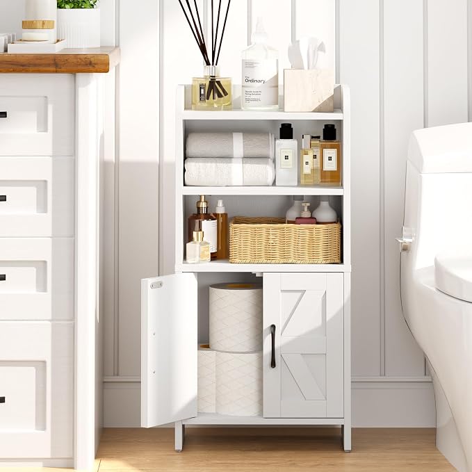 Small Bathroom Storage Cabinet, Farmhouse Freestanding Toilet Paper Storage with 2 Doors and Shelves, Slim Bathroom Storage Cabinet for Small Spaces, White, 7.9" D x 14.2" W x 29.5" H