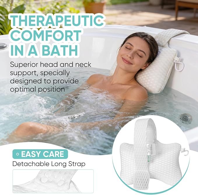 2-Pack Large Hot Tub Spa Pillow, Universal Headrest Neck Support Cushion for Chaise Lounge Pillow, Adjustable Long Strap, Removable Weighted Pouch with Easy-Dry Hook