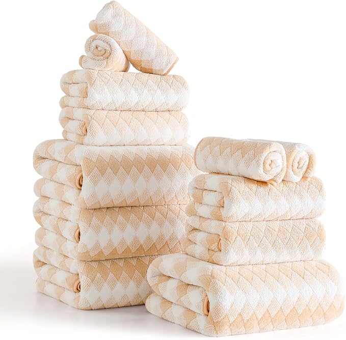 12 Pcs Yellow White Diamond Towel Set-4 Bath Towels,4 Hand Towels,4 Washcloths Soft Polyester Bath Sheet with Loop Absorbent Shower Towel Quick Dry Beach Chair Towel Family Towels for Bathroom Spa Gym