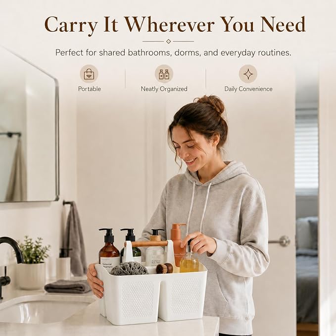 Plastic White Shower Caddy Basket with 3 Compartments, Portable Divided Bathroom Cleaning Caddy Organizer Storage Tote with Handle for Dorm, College, Room Essentials