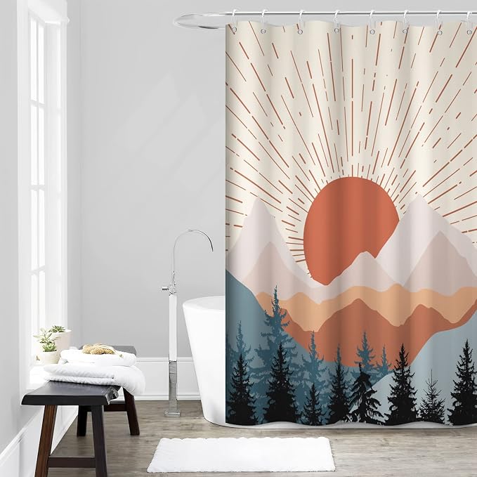 Boho Sunrise Shower Curtain with Hooks for Bathroom 60x72 Inch | Waterproof Abstract Terracotta Mountain Forest Shower Curtain Set, Soft Bathroom Decor, Machine Washable