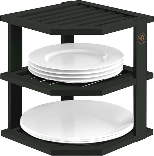 Black Plate Organizer for Cabinet - 3 Tier Bamboo Corner Cabinet Organizer Shelf for Plates Bowls Mugs Cups, Kitchen Cabinet Organizer, Cabinet Shelf Organizer, Countertop Rack, 10 x 10 x 9.5 Inch