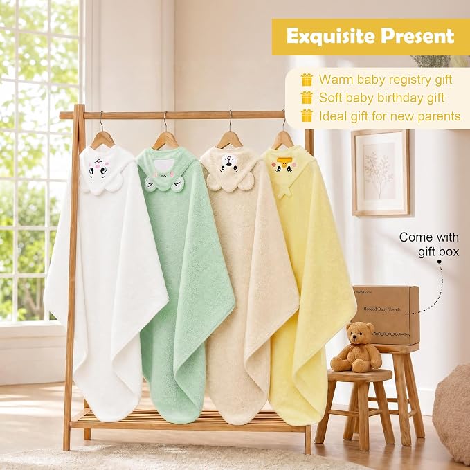 12 PCS Baby Bath Towels Set for Infants Toddlers Essentials | 4 PCS Baby Towels & 8 PCS Washcloths Set, Cute Animal Hooded, Ultra Absorbent & Soft, Newborn Shower Gifts for Boys & Girls