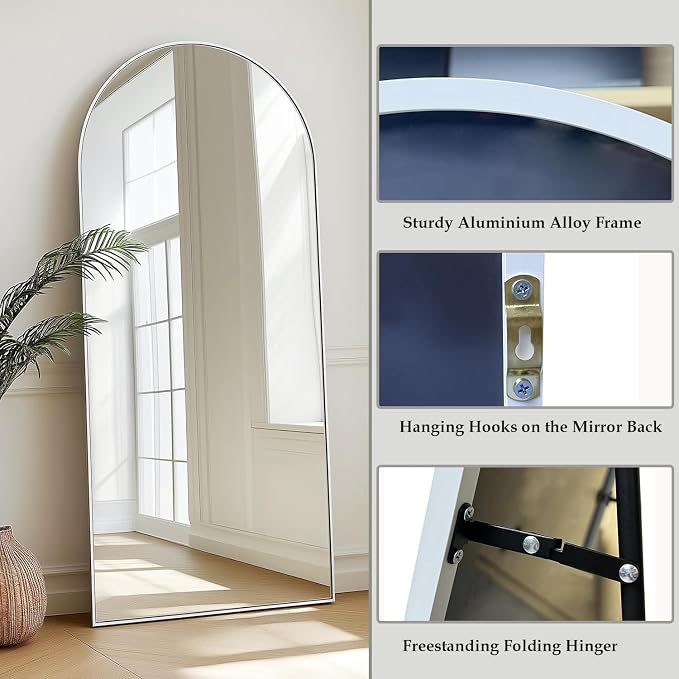 Dewfig Arched Full Length Mirror, 71"x30" Large Floor Mirror, White | Aluminum Alloy Frame Full Body Mirror, HD Shatterproof Tempered Glass, Lean/Stand/Wall for Living Room,Bedroom, Dressing Room