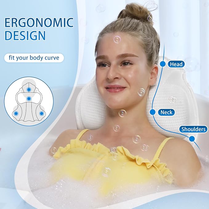 Poemland Bath Pillow for Tub, 4D Mesh with Ergonomic Head and Neck Support | Bathtub Pillow for Soaking tub with 6 suctions Cups,, for Relaxing Spa, White
