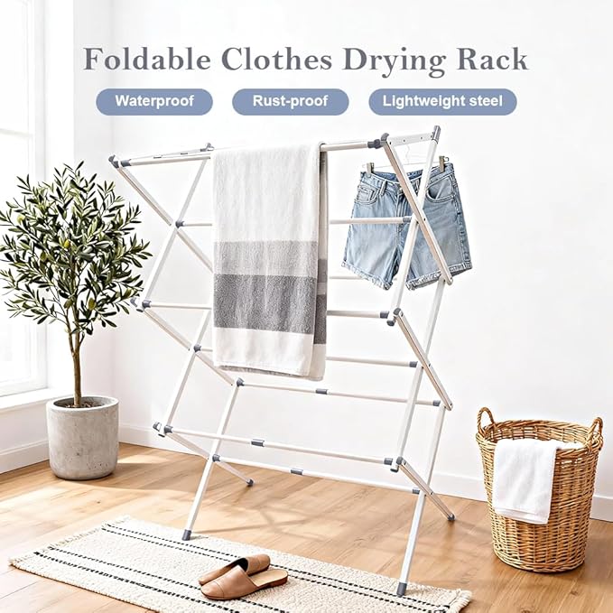 Foldable Clothes Drying Rack 41"x29"x14" - White | Portable Extendable Laundry Drying Rack for Indoor Air Drying Clothing with 4 Hangers