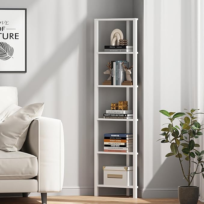 TUTOTAK 6-Tier Corner Bookshelf, Corner Shelf for Small Space | Narrow Display Corner Shelf Stand with Storage Rack, for Living Room, Bedroom, White BS05BW006