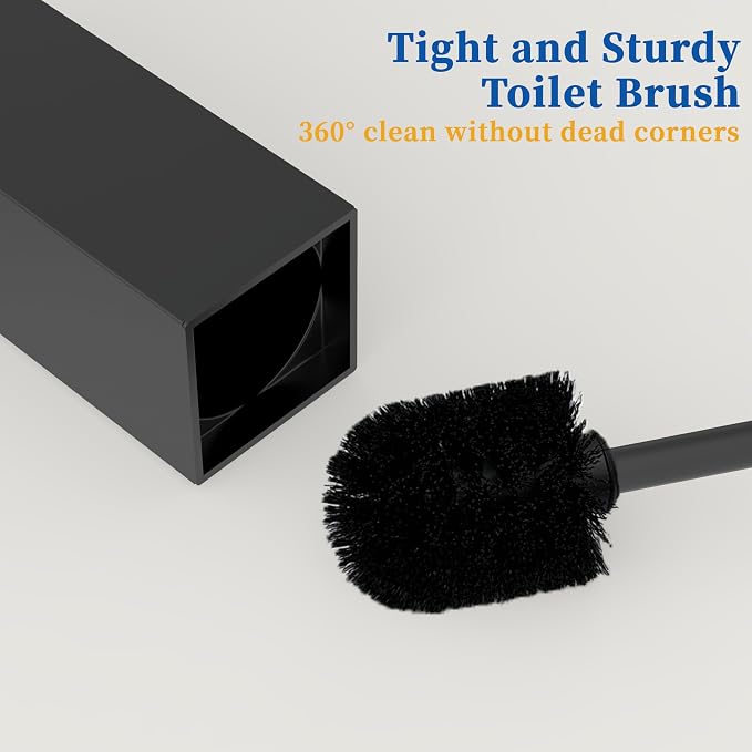 RUACQ Toilet Brush and Holder Set, Square, Matte Black, 2 Pack | SUS304 Stainless Steel Handle, Toilet Cleaner Brush with Durable Scrubbing Bristles, Splash-Proof