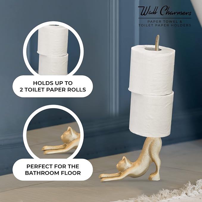 Gold Paper Towel Holder, Metal Toilet or Kitchen Paper Holder for Floor or Countertop, Gold Cat | 18.6 inch tall gold cast iron hand towel holder for kitchen countertop or bathroom with weighted base, no assembly