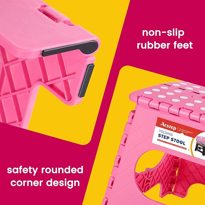 11" Folding Step Stool for Kids, Holds 300 lb Foldable Stools, Pink | Heavy Duty Collapsible Foot Stool, Lightweight with Built-in Handle, Non-Slip for Adults Kitchen Bathroom Bedroom Outdoor
