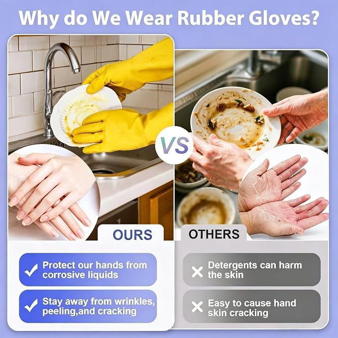 Rubber Kitchen Dishwashing Gloves - 4 Pairs Colorful Reusable Cleaning Gloves for Kitchen Washing Dishes and Household Cleaning(XL, Yellow+Blue)