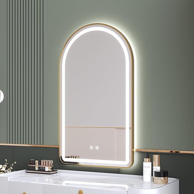 Arched Bathroom Mirror 24"x36", Gold, LED Tempered Glass | arch led bathroom mirror gold wall mounted vanity lighted tempered glass dimmable anti fog metal frame