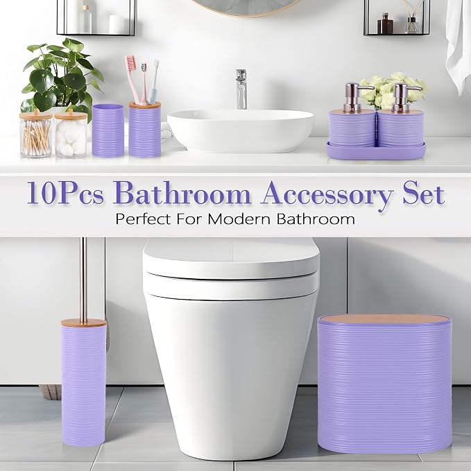 10 PCS Purple Bathroom Accessories Set with Trash Can Bathroom Accessory | All-in-One Kit with Trash Can,Toothbrush Holder,Soap Dispenser,Toothbrush Cup,Vanity Tray,Soap Dish,Toilet Brush etc for Home