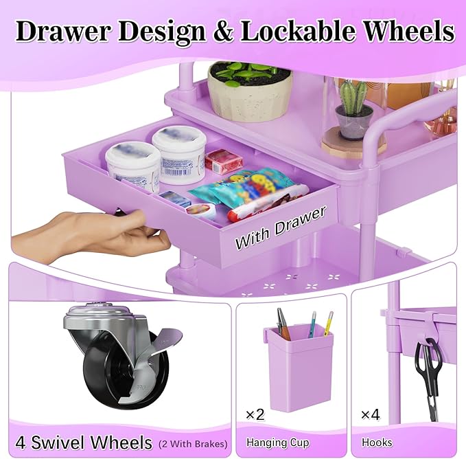 SUNALLY 3 Tier Rolling Cart with Drawer,Craft Storage Cart Organizer,Purple | Bathroom Storage Organizer with 2 Lockable Wheels, Rolling Utility Cart for Kitchen, Office, Baby, Makeup, Nail,Snack,Laundry
