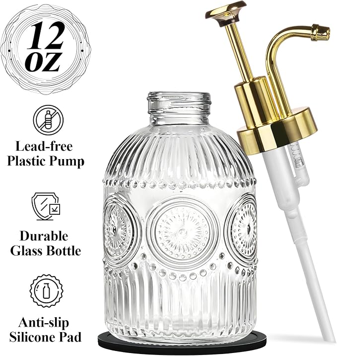 SheeChung 12oz Vintage Glass Soap Dispenser with Gold Pump, Clear, 1 Pack | Refillable Dish and Hand Soap Dispenser for Bathroom Kitchen, Rustic Liquid Lotion Bottle,BPA-Free,Funnel,Mat,Farmhouse Decor