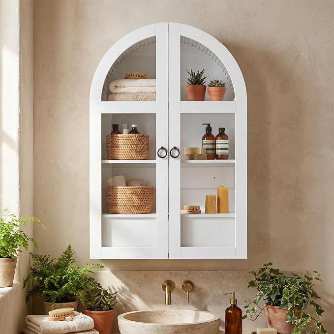 Arched Medicine Cabinet, White Bathroom Wall Cabinet with Tempered Glass Door and Adjustable Shelf for Kitchen, Living Room, Entryway, Laundry Room, Apartment, Office, Small Space