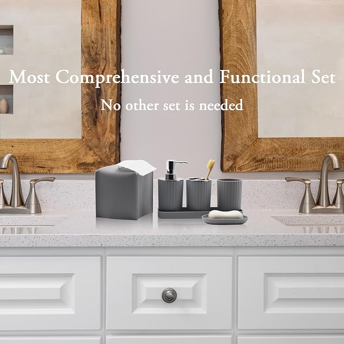 Bathroom Accessory Set, 10 Piece Grey Bathroom Set Complete | Includes Trash Can, Soap Dispenser, Toothbrush Holder, Soap Holder, Tumbler, Toilet Brush, Tray, Qtip Holders, Tissue Cover