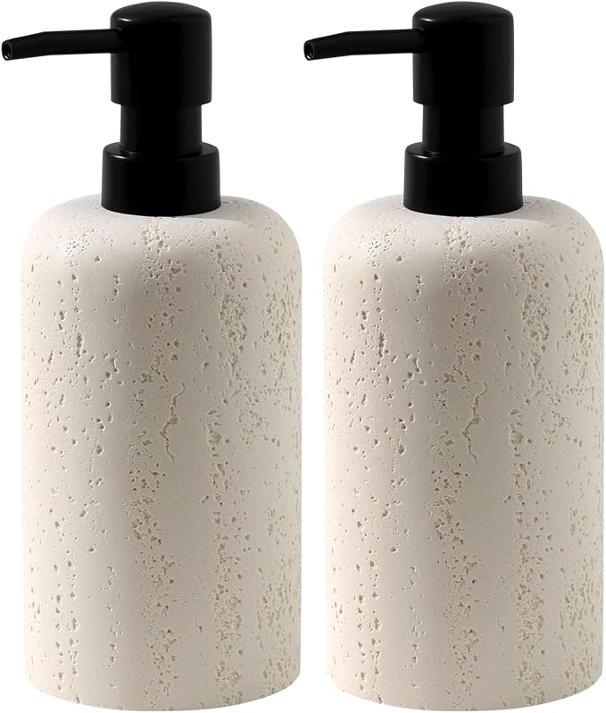2 PCS Hand Soap Dispenser Set,13.53 OZ,Ivory,Faux Travertine | Luxurious,Refillable,Dish Soap,Lotion Shampoo and Conditioner Soap Dispenser, Rustproof Pump for Bathroom Countertop Kitchen