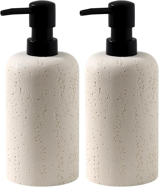 2 PCS Hand Soap Dispenser Set,13.53 OZ,Ivory,Faux Travertine | Luxurious,Refillable,Dish Soap,Lotion Shampoo and Conditioner Soap Dispenser, Rustproof Pump for Bathroom Countertop Kitchen