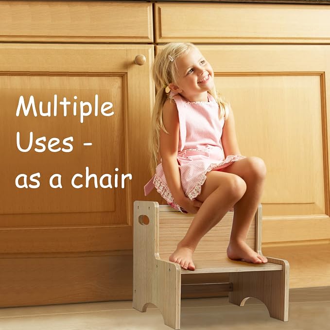 Toddler Step Stool for Kids, Wooden Two Step Children's Stool with Handles, Bonus Non-Slip Pads for Safety, Bathroom Potty Stool & Kitchen Step Stools Dual Height