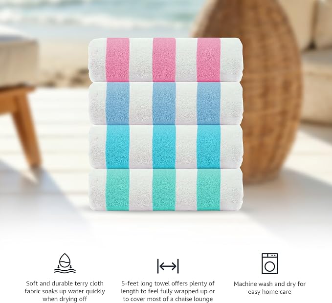 CASA COPENHAGEN Cabana Beach Towel Designed in Denmark Rough and Tough, Quick Dry, Beach, Pool, Bath & Shower 30x60 inches 4 Pieces Cotton Beach Bath Towels Set - Pink, Sky Blue, Water Blue, Teal