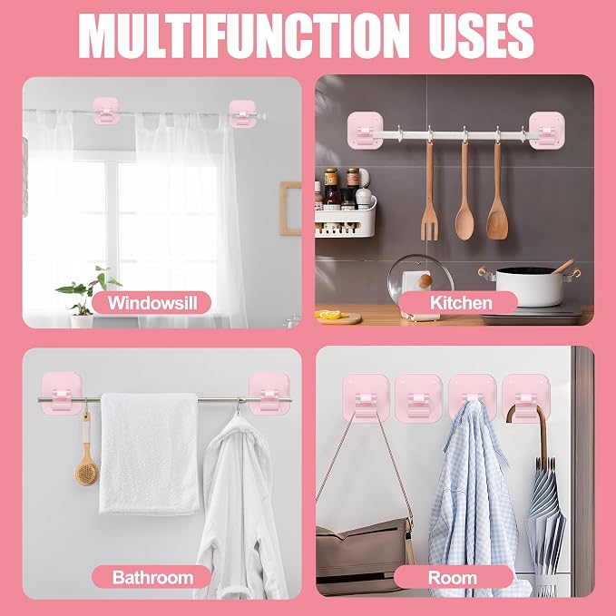 No Drill Curtain Rod Brackets-20LB, 8 Pack Self Adhesive Curtain Rod Holder | Peel and Stick Wall Hooks, Renter Friendly Upgrades for Apartment, Kitchen, Bathroom, Dorm, and RV, Housewarming Gifts