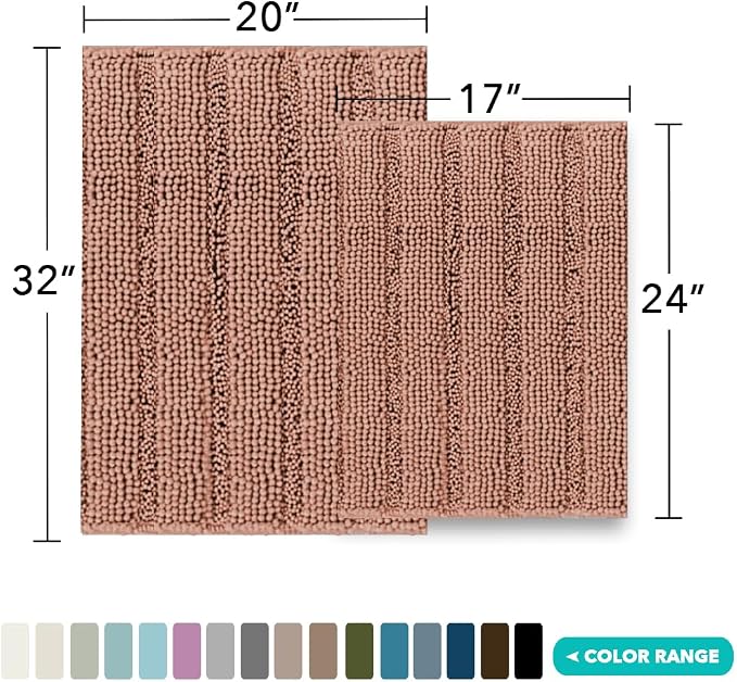 Turquoize Chenille Bath Rugs Shaggy Bathroom Rugs Non Slip Bath Rugs for Bathroom 20 x 32 and 17 x 24 Muted Clay Bath Rug Extra Soft and Absorbent Area Rug, (20" x 32" and 17" x 24"), Muted Clay