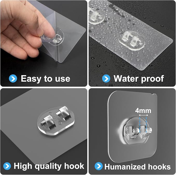 12 Pack Clear Plastic Shower Caddy Adhesive Hooks, Strong Adhesive, Waterproof, No Drilling, 12 Count, Modern Style, Suitable for Bathroom and Kitchen