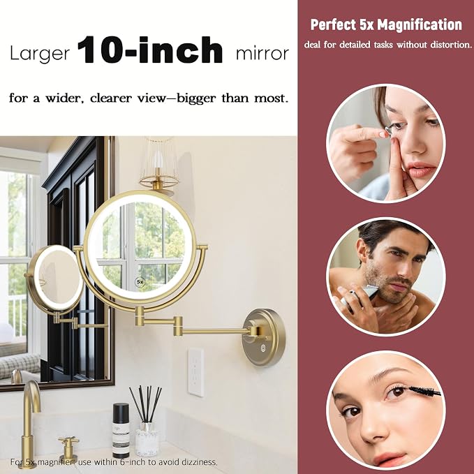 10" Bathroom Lighted Wall Mounted Makeup Mirror with Magnification Gold | 2-Sided 1/5X Magnifying Vanity Mirror, 3 Color LED Light up Touch Dimming, SPA Hotel, Hardwired, Brushed Moderne Brass