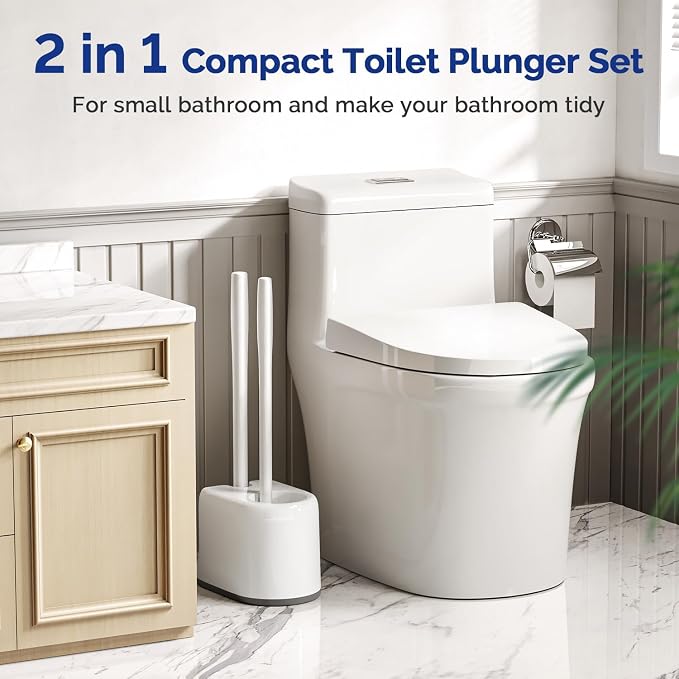 HAMITOR Toilet Plunger and Brush Set for Bathroom Cleaning, 2 Pack | Curved Design Bristles for Deep Cleaning Under Rim - Compact Bathroom Cleaning Tools for New Homet Essentials, White
