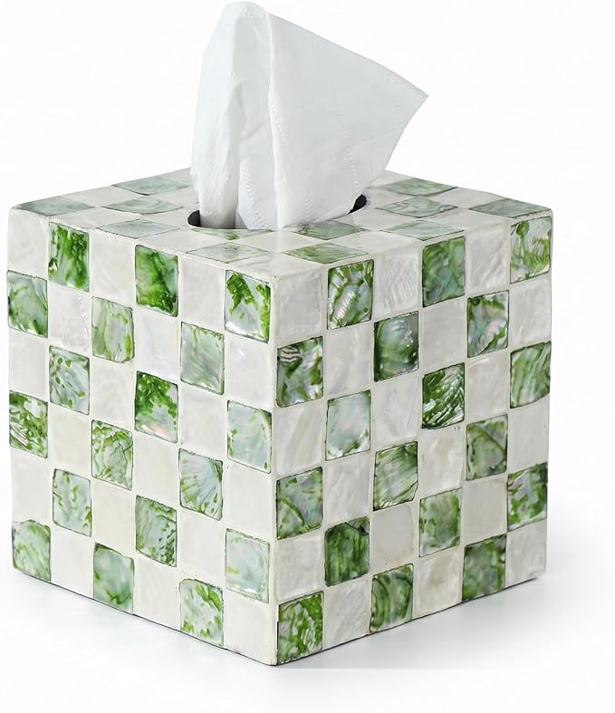 Coeusy Capiz Tissue Box Cover, Square Decorative Tissue Holder with Bottom Slider, Handmade Checkered Cube Tissue Box Cover for Bathroom Vanity,Office or Bedroom,Green