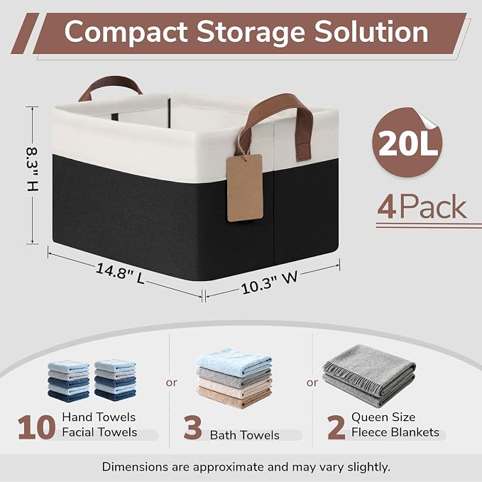 CHICVITA 4 Pack Foldable Closet Storage Baskets, Black & White | 14.8 × 10.3 × 8.3 in, Metal Frame, Leather Handles, Shelf Organization, Towels, Clothes, Linens & Toys Storage