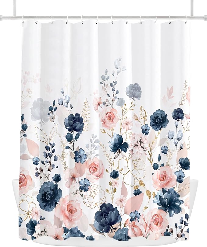 Tititex Aesthetic Navy Pink Rose Floral Shower Curtain Sets, Watercolor Gold Flowers Leaves Bathroom Decorative 71x71 Inch Polyester Waterproof Fabric Bath Curtain with Hooks