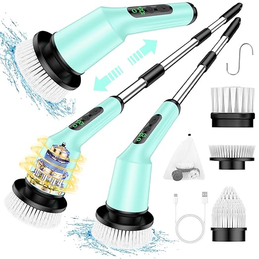 Electric Spin Scrubber for Bathroom, Shower Scrubber with Long Handle | Shower Cleaner Brushes, IPX7 Waterproof & 2 Speed, 3 Brush Heads, 90min Runtime, Bathroom Cleaning Supplies for Toilet Tub