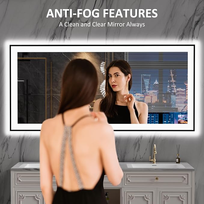 LOAAO 60"X28" LED Bathroom Mirror Black Framed | Anti-Fog, Dimmable, Memory Function, Tempered Glass, Lighted Vanity Mirror for Wall