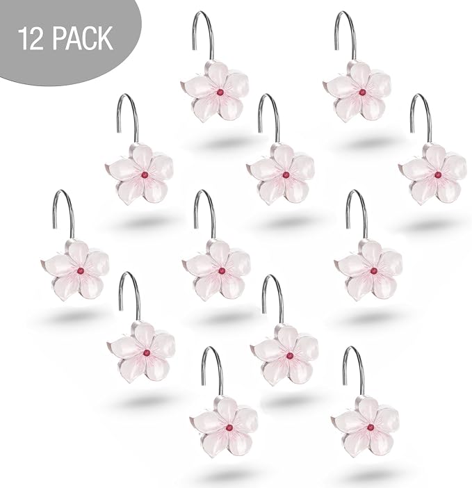 Creative Scents Vanda Shower Curtain Hooks Decorative | Set of 12 | White and Pink Shower Curtain Rings