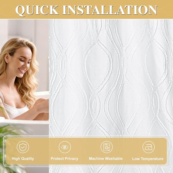 Yinhua No Hook Shower Curtain with Snap in Liner Set, 71" W×86" L, White | Hotel Style, See Through Top Window, Washable Waterproof, Tufted, Extra Long Hookless Curtain for Bathroom Bathtub