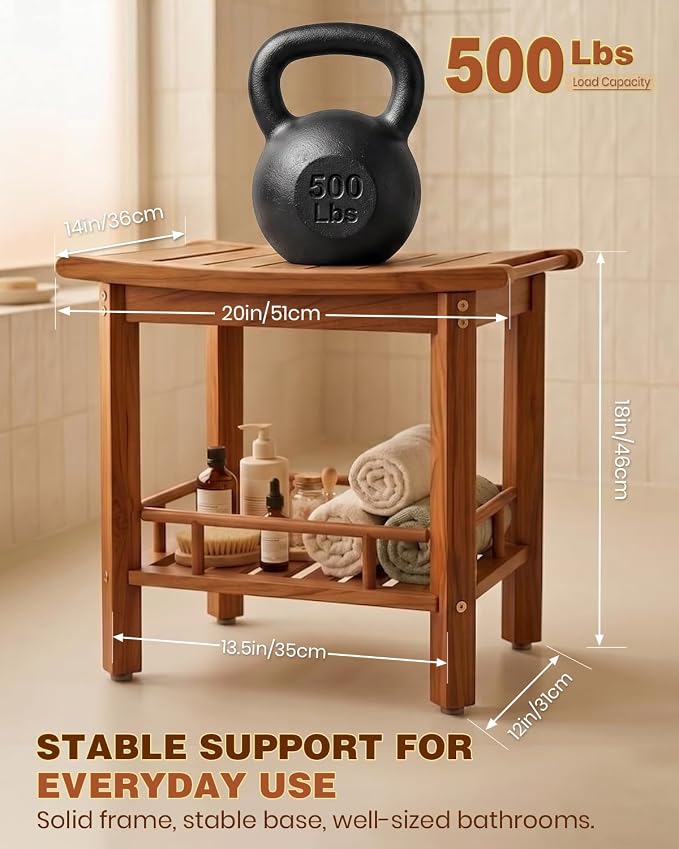 Saker 20inch Teak Shower Bench Wood Shower Stool Waterproof with Shelf | 100% Solid Shower Seat,2-Tier Shelf Non-Slip Feet wooden Shower Chair, 500 lb Capacity for Bathroom, Indoor & Outdoor Use