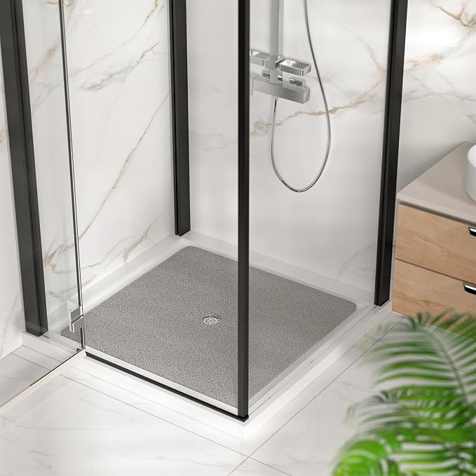 HITSLAM Square Shower Mat, 36 x 36 Inch Non Slip Bath Mat for Tub, Soft PVC Loofah Bathtub Mats with Drain Holes, Quick Drying Bathroom Stall Floor Mat, Bathroom Accessories Without Suction Cup, Grey