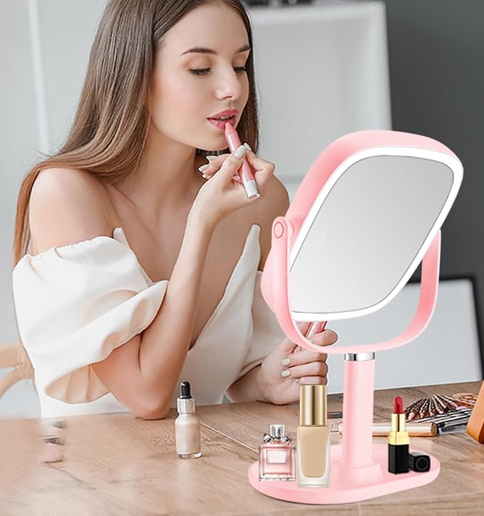 Vanmirr Height Adjustable Lighted Makeup Mirror with Magnification-Pink | 1x/10x Magnifying Mirror,8.5" Rechargeable Vanity Mirror with 3 Color Lights,360°Rotation 2-Sided Light up Desk Mirror
