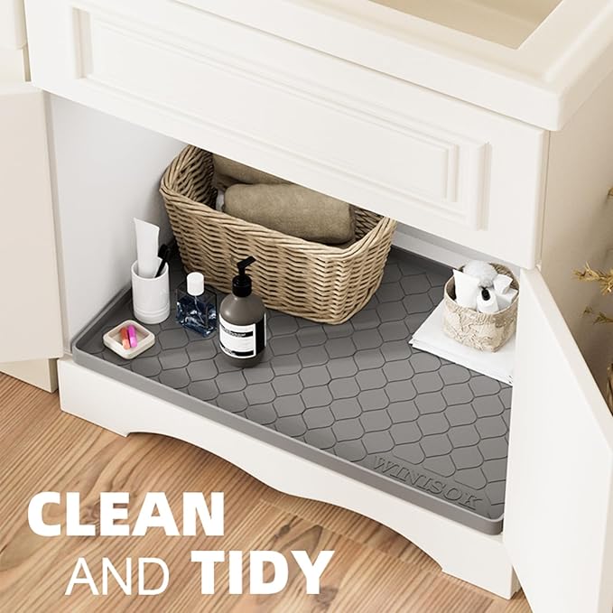 Winisok Waterproof Under Sink Mat 34" x 22", Silicone Mat, White | Raised Edge Traps Spills & Leaks, Shelf Liner, Cabinet Protector, for Kitchen, Bathroom, Boots, Pets, Home Essentials