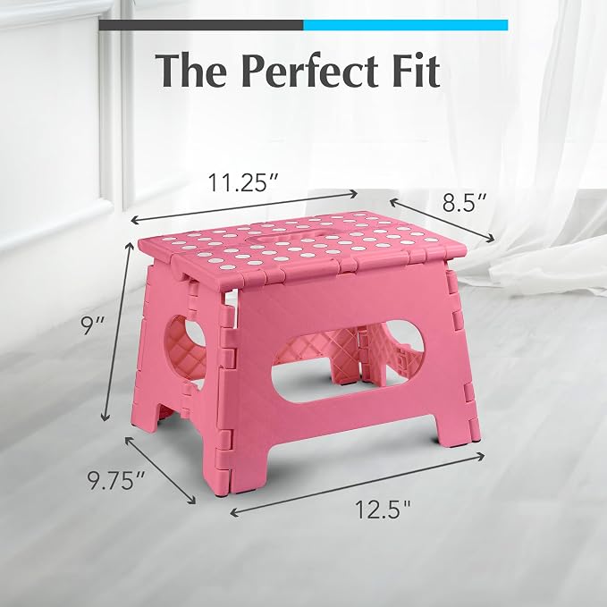 Handy Laundry Folding Step Stool 9 Inch, Pink, Non-Slip Holds 300 lbs | 9 Inch, Pink, Foldable Collapsible Step Stool, Non-Slip, Holds 300 lbs, Kitchen Bathroom Bedroom, Adults