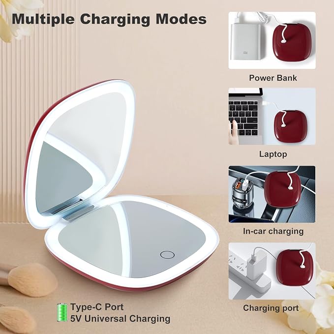 Mocado Compact Mirror with Light-4 Inches Compact 1x/10x Magnifying Mirror | Double Sides Lighted, 3 Colors Lighting, 0-100% Brightness, Diammable Touch, 1200mAh Rechargeable, For Pocket, Purse