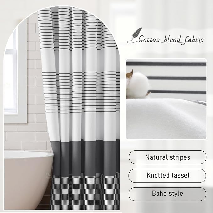 Dark Grey Farmhouse Cotton Striped Shower Curtain with Tassel 72"W X 72"L | Boho Farmhouse Shower Curtains for Bathroom with Soft Cotton Feel