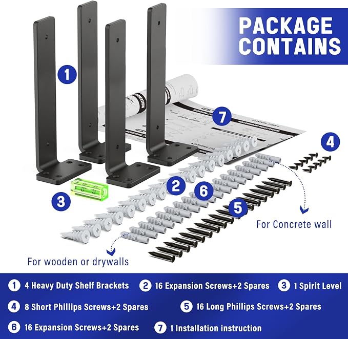 Goovilla Shelf Bracket, Floating Shelf Brackets 10 inch Long, 4 Pack, Black | Heavy Duty Brackets for Shelves, Black Coated Metal Wall Shelf Support Brackets with 1/5 Inch Thick and 160 lb. Load Capacity